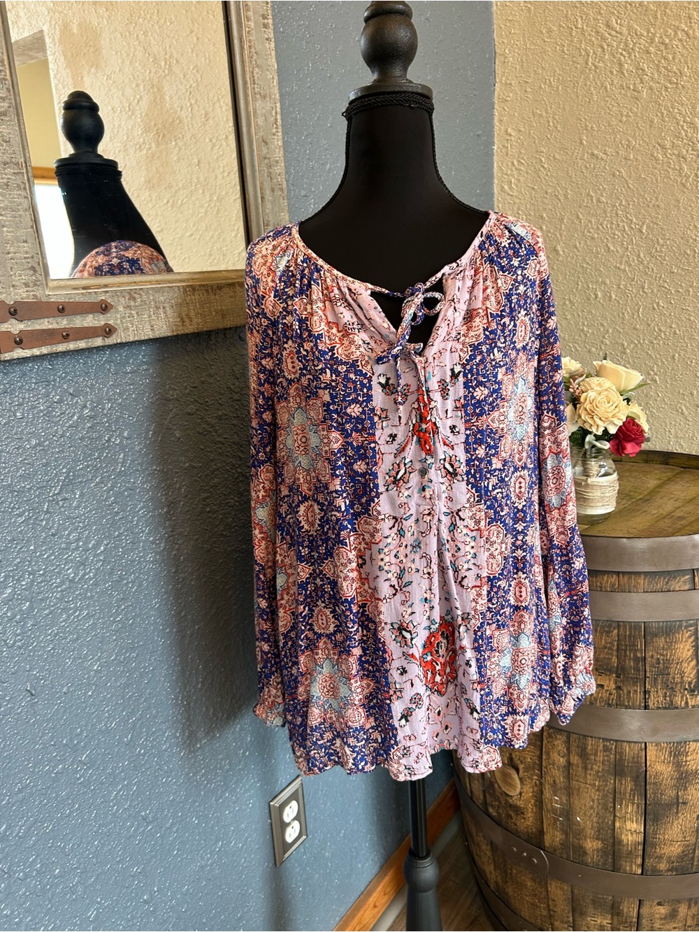 Lucky Brand Pink & Blue Boho Lace-Up Tunic